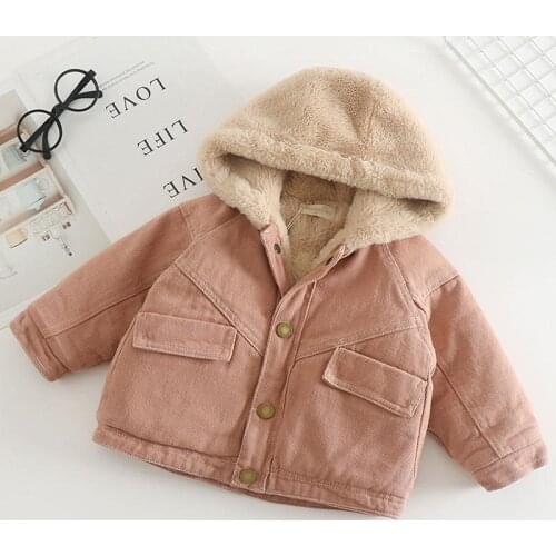Girls Boy Denim Hooded Coat Jacket Winter cashmere Clothing 2021 New Korean Childrens warm Plus Velvet Denim Casual Hoodie Top