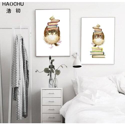HAOCHU Watercolor Cute Japanese Owl Print Animal Wall Picture Children Bedroom Wall Art Canvas Painting No Frame