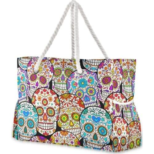 Classic Day Of The Dead Colorful Sugar Skull Printed Tote Bag Casual Tote Bag Foldable Shoulder Shopping Bag Reusable Beach Bag