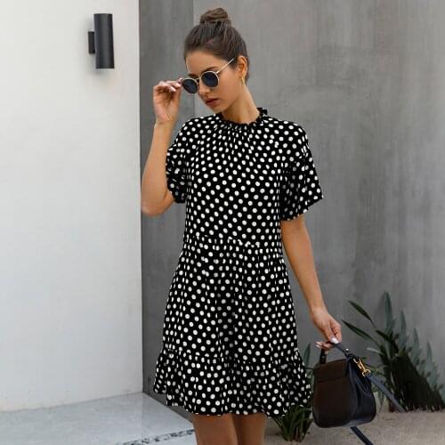 Summer Dress Casual Polka Dot Women Short Sleeve White Ruffle Collar Loose Breathable Clothes Black Women Clothing Sundresses