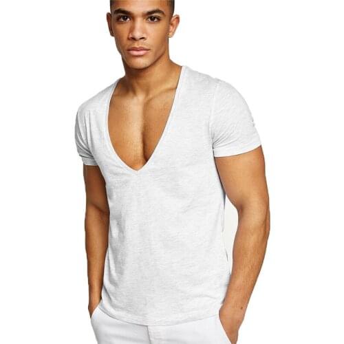 Men casual Deep V Neck T-Shirt Fashion sportswear Summer cotton sweat-absorbent Male Slim Short Sleeve Tee Shirt solid color