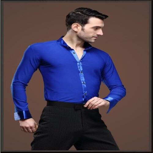 New Man Ballroom Dance Tops Long Sleeve Mens Latin Dance Shirts Lapel/Collar Practice/Performance Dance wear Tops blue color