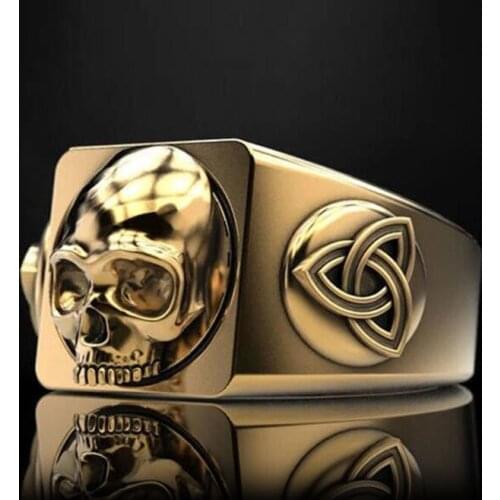 Vintage Gold Alloy Skull Mens Ring Punk Rock Viking Rune Skeleton Biker Rings for Women Men Party Gift Hip-hop Unique Jewelry