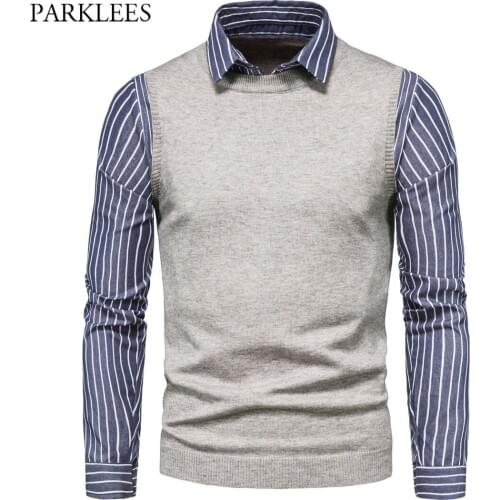 Fake Two Pieces Shirt Collar Mens Striped Knitwear Pullovers Casual Slim Fit Pull Homme Knitted Sweaters XXL Knitted Sweater Men