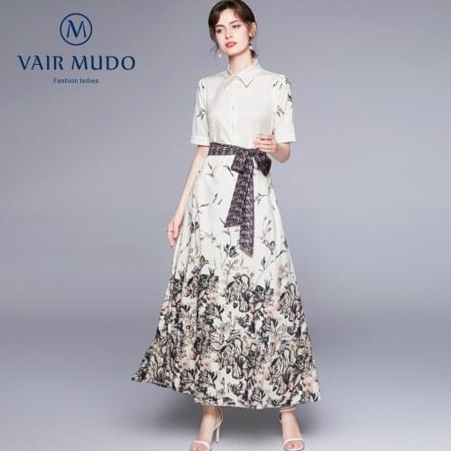 2021 New Style Lapel Tie Waist Slimming Women Dress Positioning Printing Long Skirt Loose Fashion Skirt Handmade Female Y-75