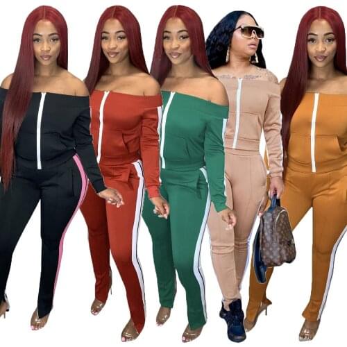 Off The Shoulder Long Sleeve Zipper Slim Fit Jacket Top and Skinny Trousers Streetwear Clothing Active Wear Workout 2 Piece Suit
