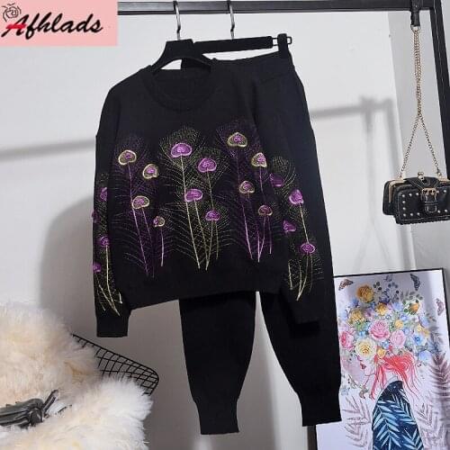 Autumn New Loose Embroidery Flowers Long Sleeved Round Neck Sweater + Harem Pants Fashion Streetwear Knitted Two-Piece Sets