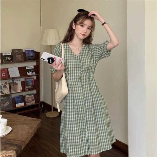 Dress Women Preppy Summer Korean Style Students 4 Colors Plaid V-neck Dresses Short Sleeve Mujer Ropa Hipster Students Female