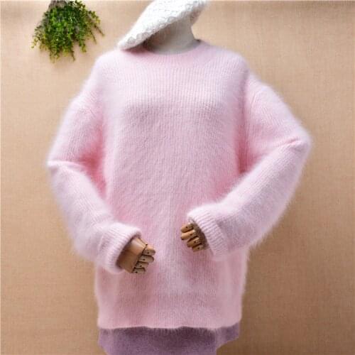 Female women autumn winter sweet pink angora rabbit fur knitted o-neck long sleeves loose pullover mink cashmere jumper sweater