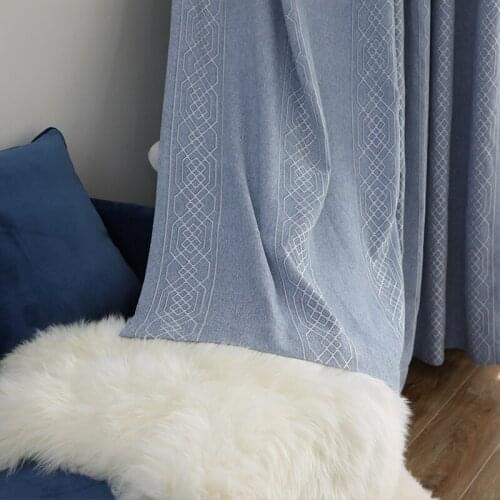 Nordic Ins Style Modern Minimalist Chenille Jacquard High Shading Blue Color Coffee Chenille Curtains for Living Room Bedroom
