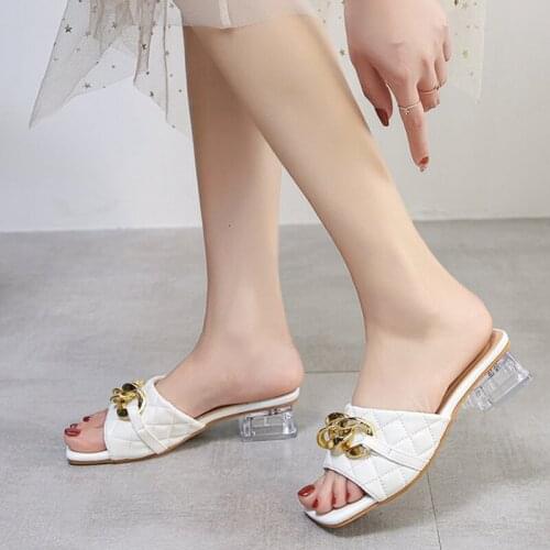 Plus Size French Slippers Summer New Fashion Low Heel Metal Chain Cool Sandals Womens Casual Outdoor Shoes Female Slippers