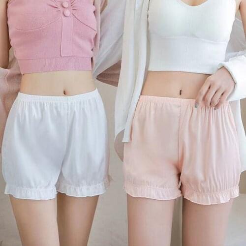 Summer Women Ice Silk Satin Safety Shorts Elastic Waist Ruffled Breathable Home Casual Shorts Under Skirt Cute Lolita Shorts