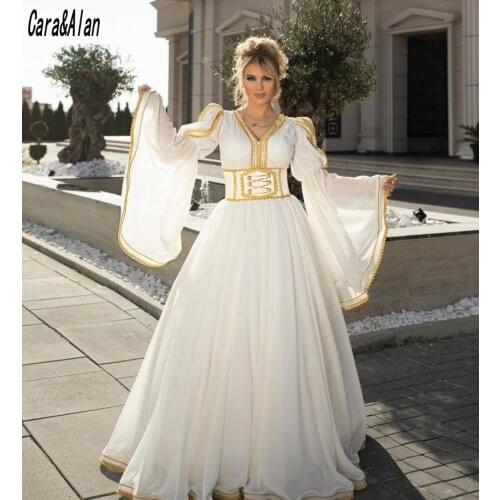 Traditional Kosovo Albanian Brdial White Evening Dresses for Women Party Flared Sleeves Lace Applique Robe De Soirée De Mariage