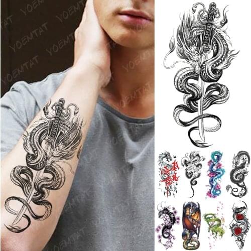 Waterproof Temporary Tattoo Sticker Dragon Sword Snake Flash Tattoos Rose Owl Wolf Body Art Arm Fake Sleeve Tatoo Women Men