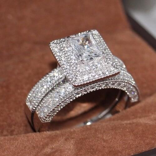 Retro Fashion Jewelry 14KT White Gold Filled Princess Cut Stunning 5A Zirconia CZ Party Women Wedding Bridal Ring Set Gift