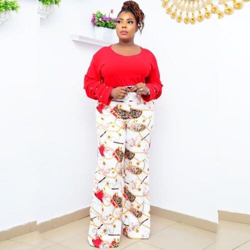 2 Piece Set Africa Clothing For Women Draped Sleeve Tops Wide Leg Pants Suit Autumn Dashiki Print Office Lady Two Piece Outfits