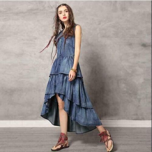 Womens New Summer Fashion New Vest Denim Skirt Vintage Ruffled Irregular Dress