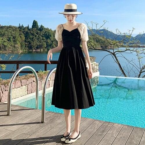 Women Sweet Lace Patchwork Female 2021 Summer New Square Collar Floral Embroidery Puff Sleeve Midi Dress Vestidos Robes