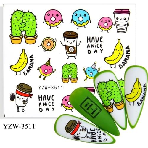 YZWLE 4PCS/LOT Cactus Cartoon Series Water Decal Sticker Flower Leaf Tree Summer DIY Slider For Manicuring Nail Art Watermarks