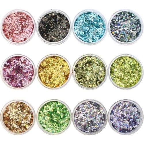 Holographic Glitter Flakes 12 Colors Ultra-thin Holographic Flakies Powder Irregular Nail Sequins Flakes with 12 Boxs Holograph