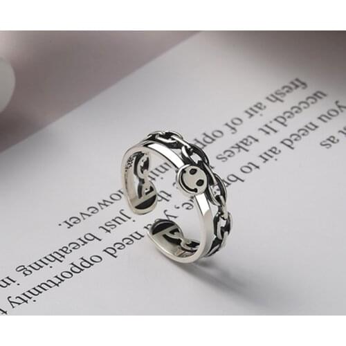 Punk Ancient Silver Color Happy Smiling Face Open Rings For Women Vintage Adjustable Stackable Link Twisted Ring Fashion Jewelry