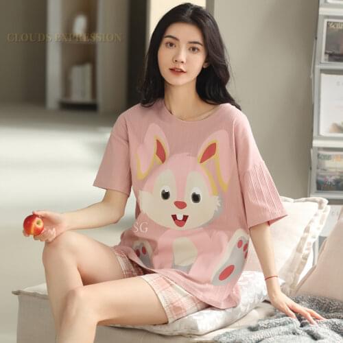 Summer Pajama Sets Short Sleeved Cartoon Cotton Lazy Wind Sleepwear Womens Pajamas M-3XL Size Pijama Mujer Fashion Homewear