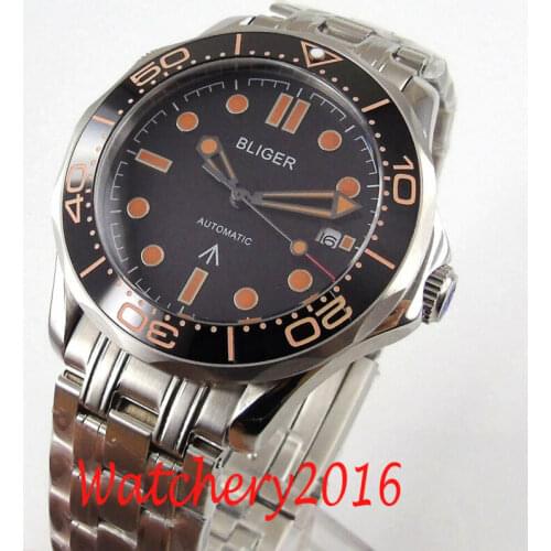 41mm bliger Black dial sapphire glass date ceramic bezel automatic mens watch