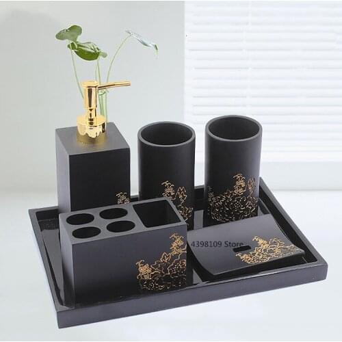 Nordic bathroom supplies wash kit black resin bathroom five-piece bathroom accessories toothbrush holder soap dispenser soap box