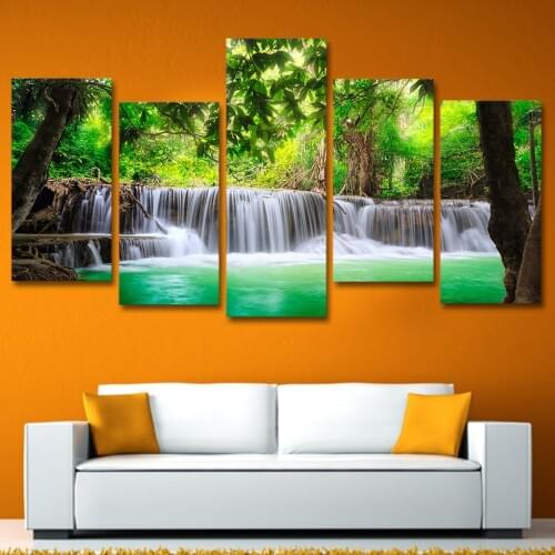 Wall Canvas Art Pictures Home Decor Living Room Poster 5 Pieces Green Waterfall Tree Scenery Modern Painting Prints Frame PENGDA