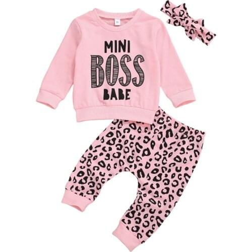 3PCS Autumn Baby Girls Clothes Sets Letter Print Long Sleeve Pullover Sweatshirt Tops+Leopard Pants Headband 0-3Y