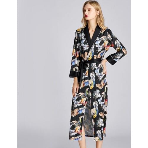 Sleepwear Woman Spring And Summer Silk Long-Sleeved Robe Ladies Long Morning Gown Feather Lounge Bathrobe Home Wear Халат