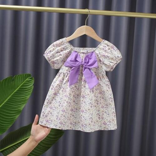 2021 Summer Kids Clothes Girls Sweet Princess Dress Baby Toddler Cute Bow Floral Print Children Dresses Pink Vestidos 18M-7Y