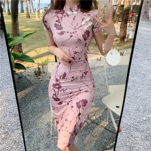 Real Shot 2021 New Fashion Ladies Sexy Printed Short-Sleeved Split Cheongsam Dress