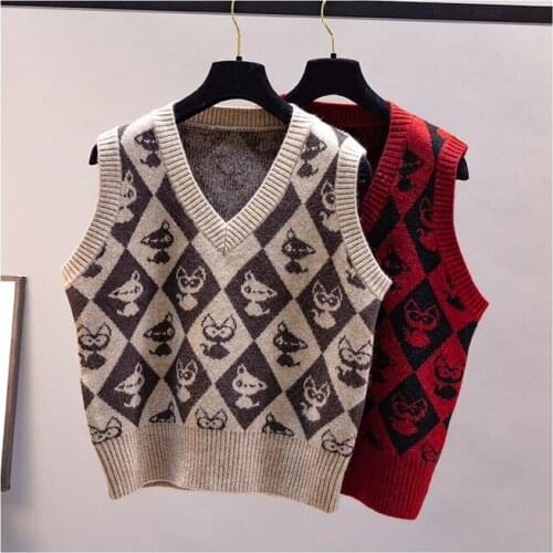 Loose coat New Simple Short Cloth Fashion Korean lady Girls Waistcoat Jacquard Autumn Sleeveless Sweater Vest Women Knitted Top