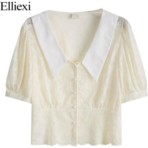 Elliexi Summer Peter Pan Collar Lace Tops Short Sleeve Hollow Out French Short Top Slim All Match Office Lady Sweet Blusas Femme