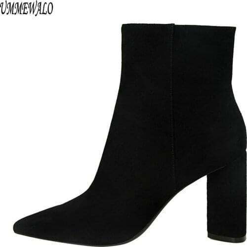 UMMEWALO Boots Women Ankle Length Flock Boots Fashion Zipper Design Pointed Toe High Heel Shoes Winter Ankle Boots Ladies Shoes