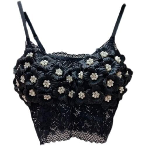 Womens Camisole Top Fashion Beaded Flower Spaghetti Straps Chest Wrap Bra Underwear Female Sexy Performance Clothing