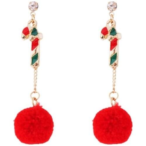 Womens Fashion Santa Claus Christmas Tree Walking Stick Snowman Plush Ball Earrings Female Earring