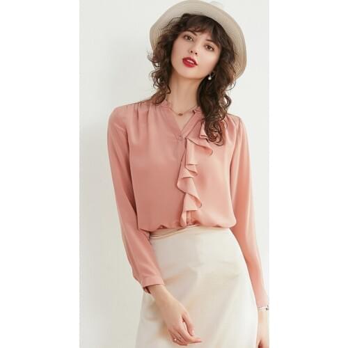 Real Silk Long Sleeve Women Shirt 100% Mulberry Silk V-neck Loose Ruffles Blouse Autumn New M L XL Free Shipping