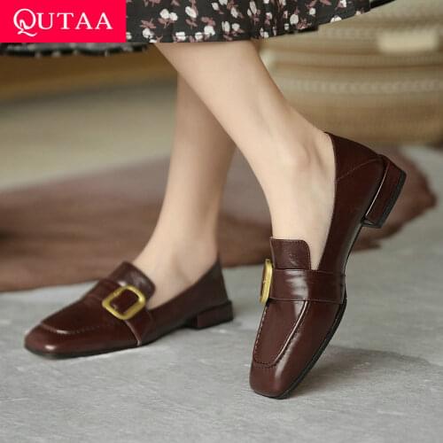 QUTAA 2021 Square Toe Genuine Leather Retro Ladies Shoes Spring Autumn Buckle Basic Women Square Low Heels Size 34-41