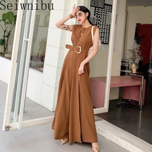 2020 Spring New Runway Womens Office Lady Sleeveless Sashes Jumpsuits Fashion O-Neck High Waist Slim Split Female Rompers