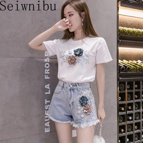2020 New Embroidery 3D Flowers Two Piece Set Summer Women Cotton T-shirt Tops + Denim Shorts Trousers Twinset Student Jeans Sets