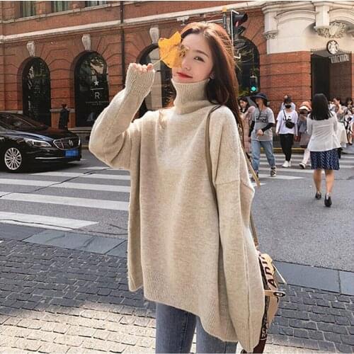 New 2020 Oversize Elegant Solid Lady Jumpers Autumn Winter Womens Sweaters Turtleneck Pullover Warm Split CL732-1