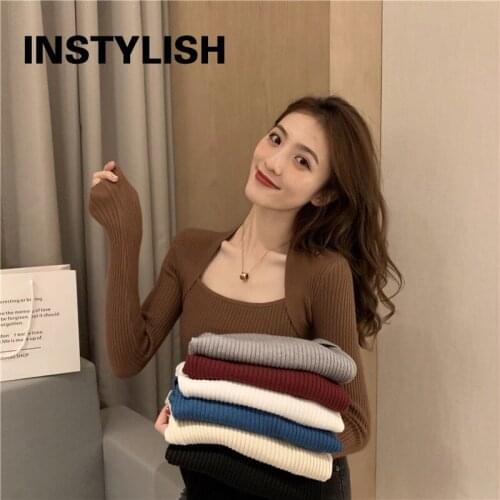 Korean U Neck Sweater Women Long Sleeve Vintage Harajuku Solid Pullover Elegant Simple Knitted Top Casual All match Jumpers