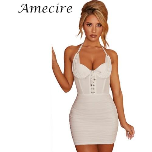 Amecire White Satin Mesh Patchwork Dress Women New Sexy Celebrity Party Wear Outfits Chic Ruched Mini Dress Elegant Outfit Cloth