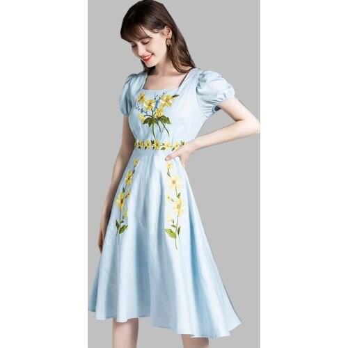 JSXDHK 2020 Runway Square Collar Dress Elegant Women Sunflower Embroidery Short Sleeve Sky Blue Dress Vintage New Party Vestidos