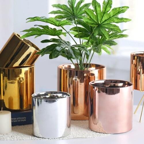 Golden Ceramic Vases Nordic Galvanized Geometric Hydroponic Green Plant Flower Pot Home Office Decoration Makeup Brushes Holders