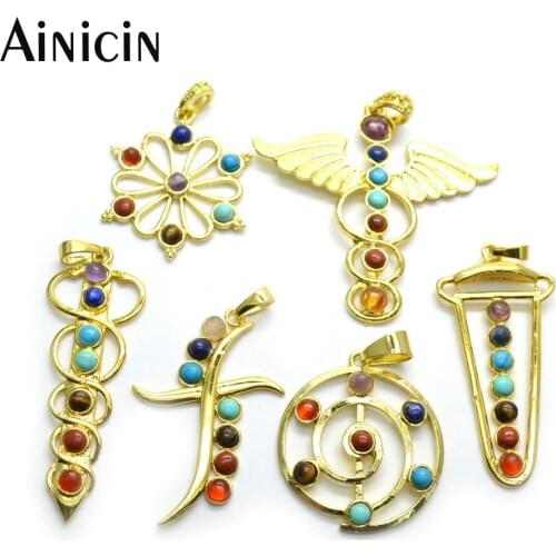 10pcs 7 Colors Semi-precious Stone Setting On Alloy Sword Pendants For Men and Women Jewelry