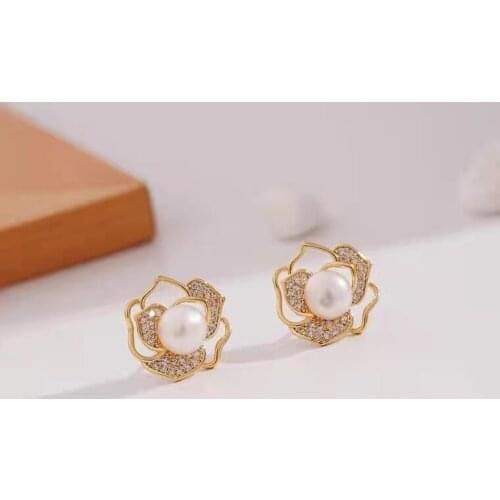 Woman fashion jewelry camellia stud earrings natural 7-8mm white oblate freshwater pearl luxury 2pairs/lot