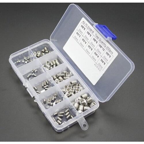 200pcs Hex Socket Grub Screws Kit Set Screws 304 Stainless Steel M3 M4 M5 M6 M8 Grub Screw Assortment Packed in Organizer Box